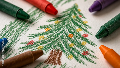 A child draws a Christmas tree with crayons. Colors include green, red, and yellow.