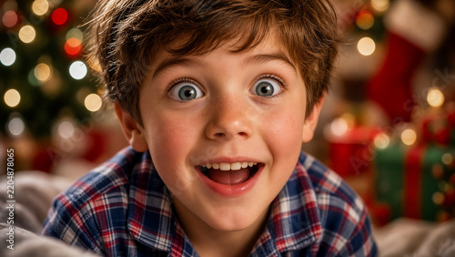 A young boy beams with surprise, eyes wide, amidst a festive Christmas scene.