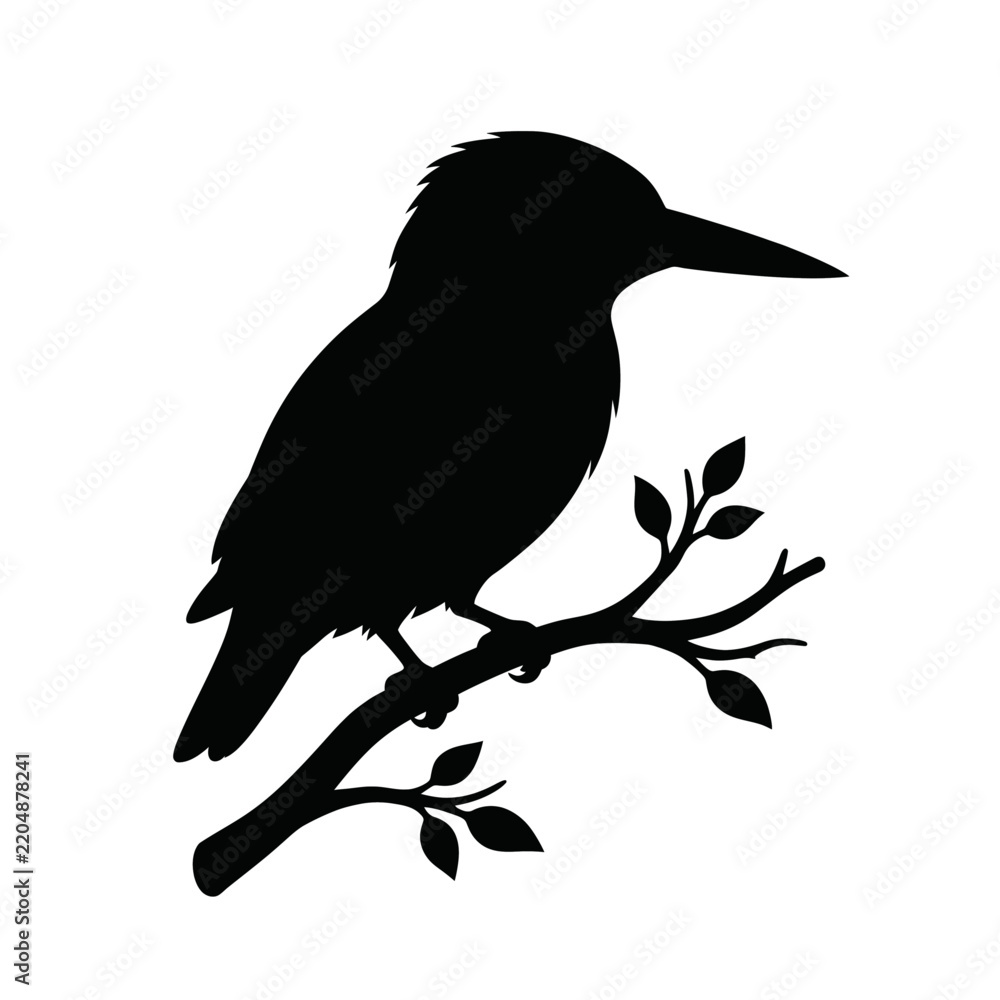 Obraz premium Perched Kingfisher Bird on Leafy Branch Silhouette Vector Icon