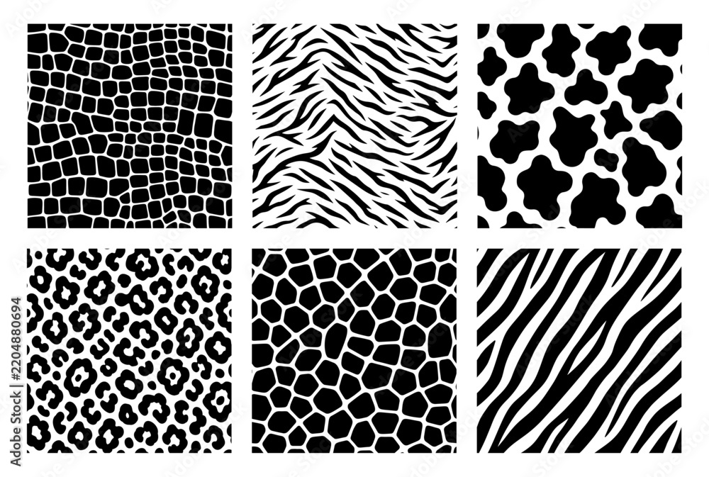 Fototapeta premium Animal print seamless patterns set with crocodile, tiger, cow, leopard, giraffe and zebra skins, black and white safari vector textures for fabric, wallpaper and apparel