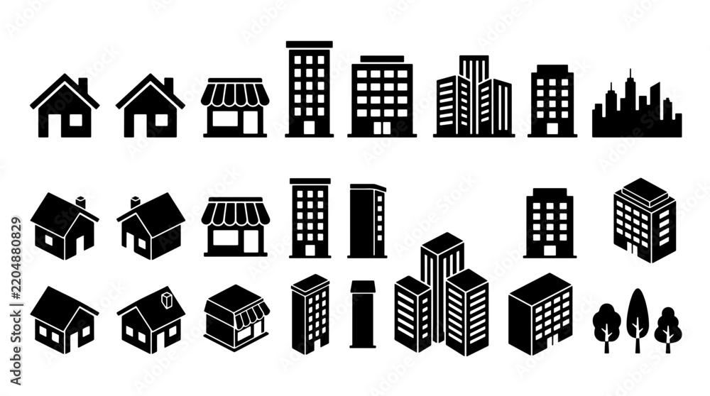 Fototapeta premium Simple architectural building icon with editable stroke, presented as a clean white line on a solid black background, for use