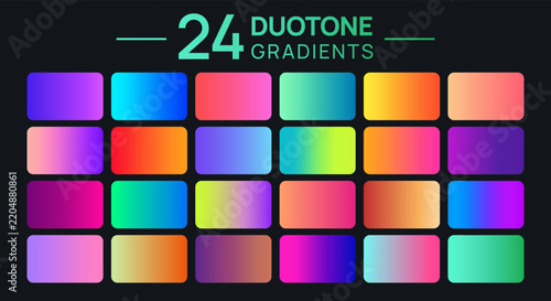 Duotone gradients palette with 24 vibrant colorful two-tone gradient vector swatches, neon blended rectangular samples on dark background for web design, UI, branding, posters and templates