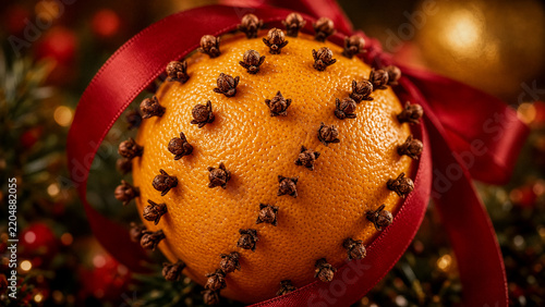 A textured orange ornament, studded with cloves, drapes over a red ribbon. Festive background.