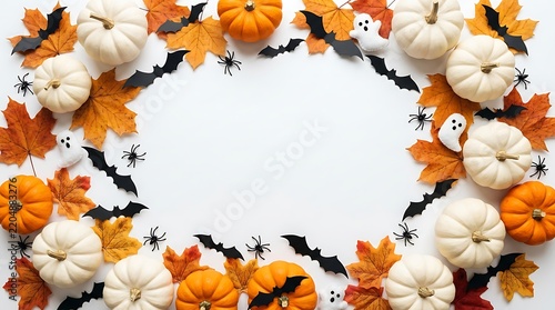 Halloween background with pumpkins bats and fall leaves on white