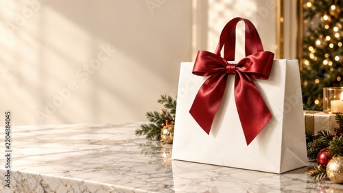 A white gift bag with a large red satin bow, placed on a marble table with a christmas tree nearby d