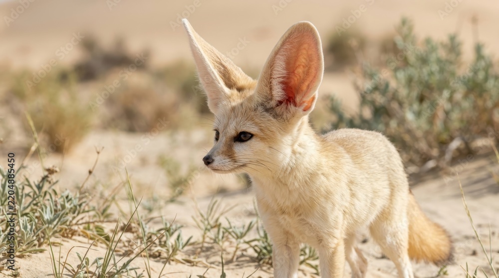 Obraz premium Desert Dweller: A fennec fox, renowned for its exceptionally large ears, stands alert in its arid desert habitat amidst sparse vegetation and sand dunes.