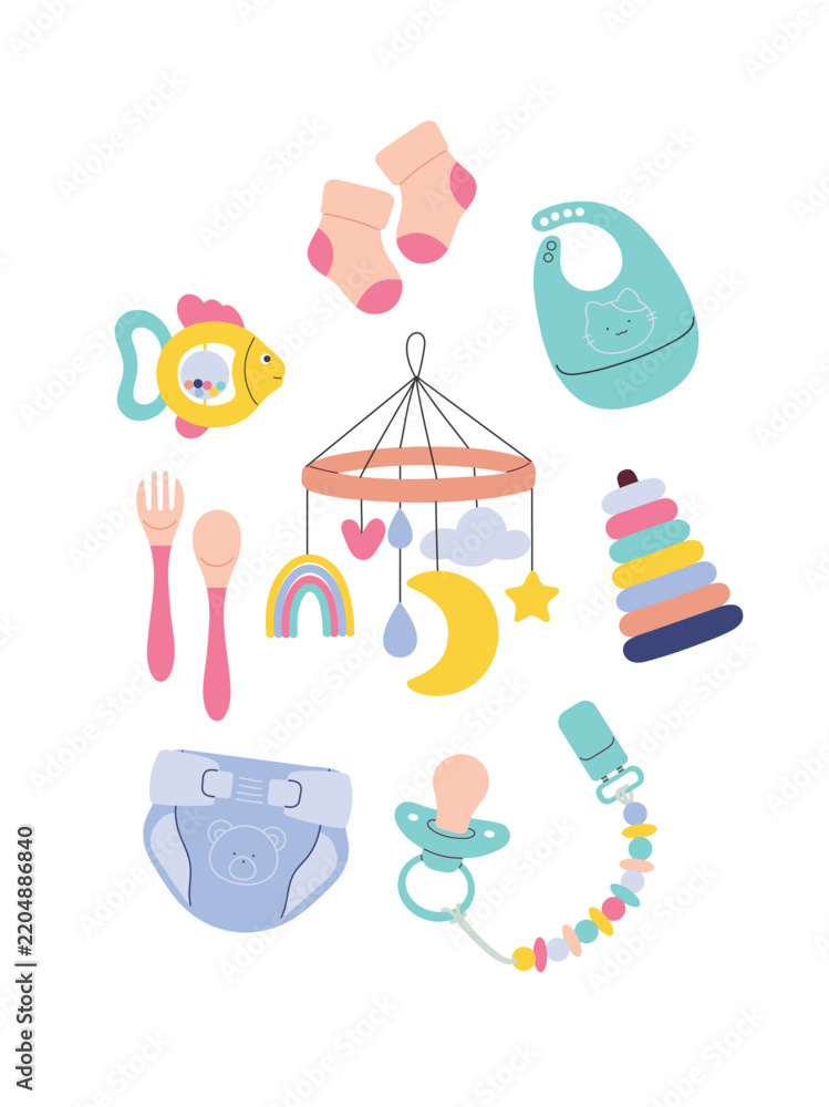 Obraz premium Set of items and toys for infants. Cute vector illustrations.