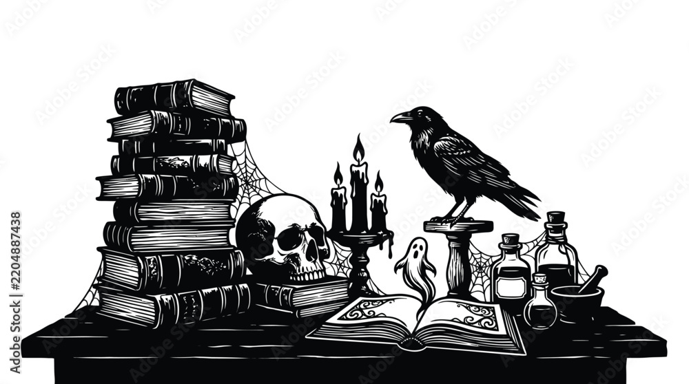 Obraz premium Spooky black and white Halloween illustration featuring witch books skulls candles and eerie raven