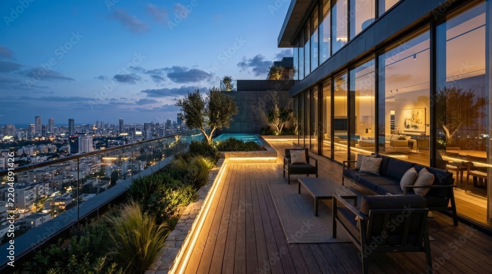Obraz premium A luxurious modern penthouse terrace with comfortable outdoor seating and warm lighting overlooks a glowing city skyline at dusk, showcasing premier real estate in a bustling metropolis