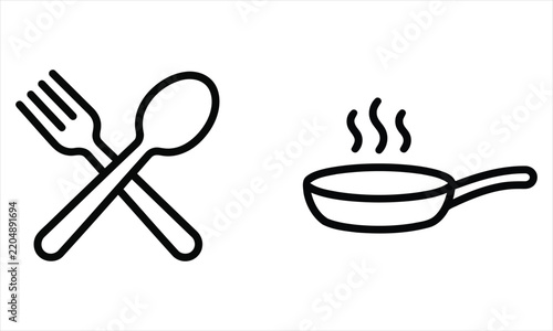 Minimalist black and white line art icons representing a crossed fork and spoon with a steaming frying pan