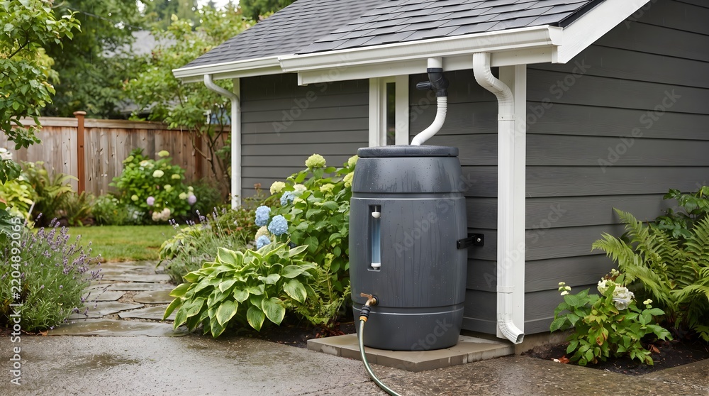Obraz premium Rainwater harvesting barrel connected to a house gutter system in a sustainable garden setting.