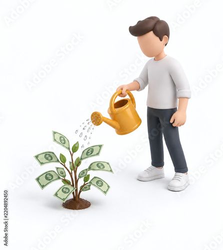 3D Illustration of Man Watering Growing Money Plant
