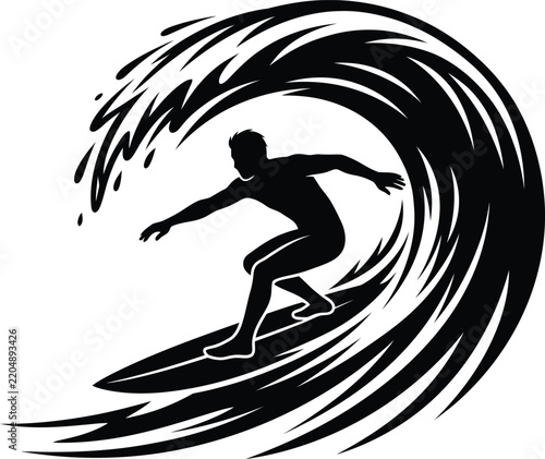 Dynamic silhouette of a surfer riding a powerful ocean wave in black and white