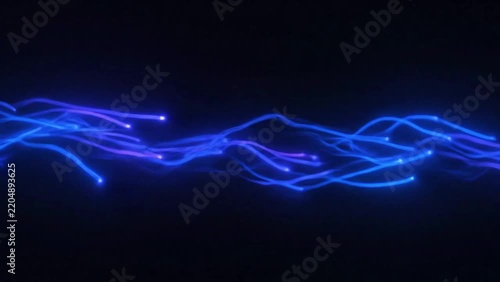 Abstract glowing blue and purple fiber optic lines representing high speed data transfer on a black background.