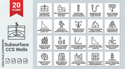 Subsurface CCS wells icon set features twenty linear technical illustrations for carbon capture and geological storage monitoring.