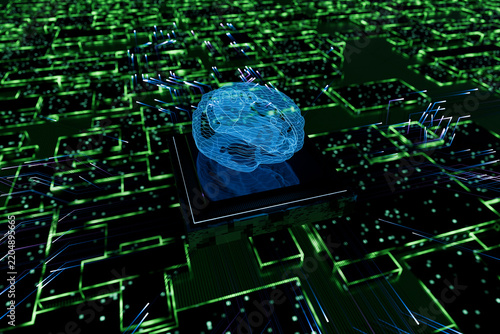 Artificial intelligence concept showing a digital brain on a microprocessor, processing information on a circuit board. 3d render
