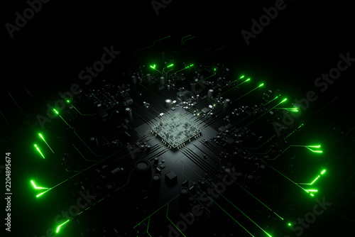 Microchip on a dark circuit board sending and receiving data signals, illustrating computing, artificial intelligence, and network concepts. 3d render