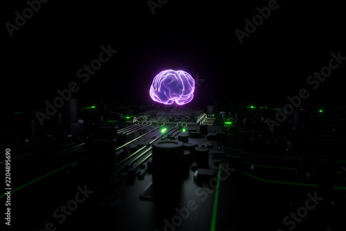 Glowing purple brain structure hovering above a futuristic circuit board, symbolizing artificial intelligence and digital consciousness. 3d render