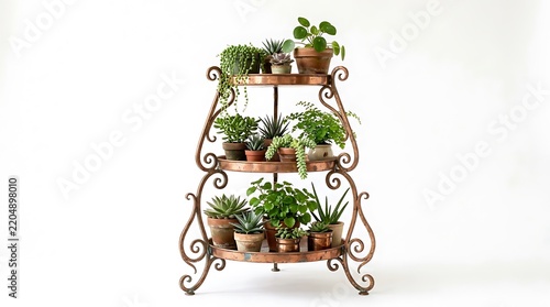 A threetiered vintage copper plant stand filled with various potted succulents and houseplants, isolated on white background