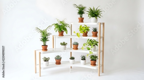 Tiered plant stand with various potted indoor plants isolated on white background