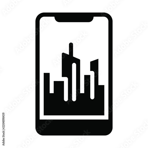 Black and white icon of a smartphone displaying a modern city skyline, representing mobile travel, urban exploration, and digital navigation