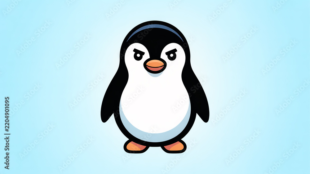 Fototapeta premium Cute Cartoon Penguin on the Beach Vector Illustration, Funny Baby Penguin Standing on White Background with Antarctic Wildlife, Ice, Snow, Winter and Christmas Concept