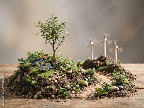 Miniature renewable energy landscape with windmills and solar panels
