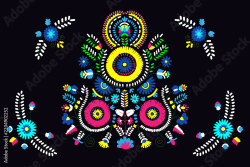 Colorful Folk Art Embroidery Floral Pattern Vector Design on Dark Background