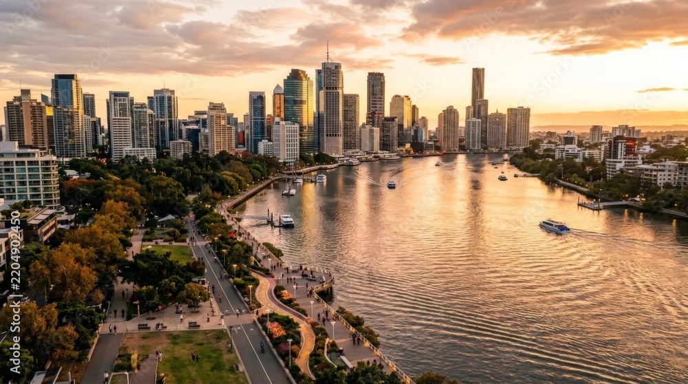 Fototapeta premium A stunning aerial view of a bustling city skyline reflecting sunset hues over a winding river, highlighting thriving real estate developments along the waterfront park walkway