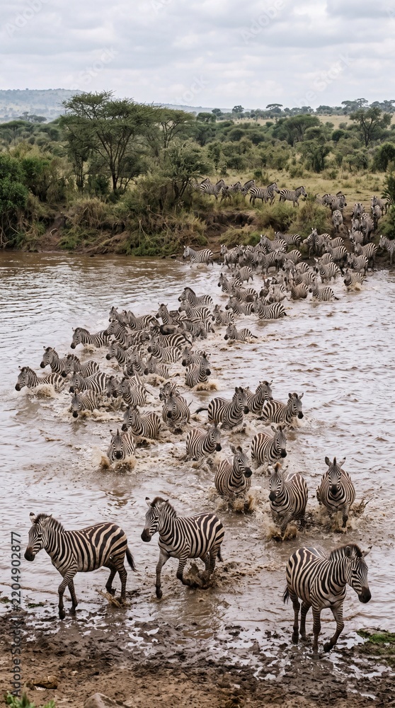 Fototapeta premium Slender zebra herd stampeding across river
