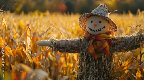 A scarecrow standing in a pumpkin patch surrounded by leaves