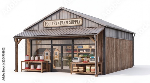 3D Render of a Wooden Poultry and Farm Supply Storefront.