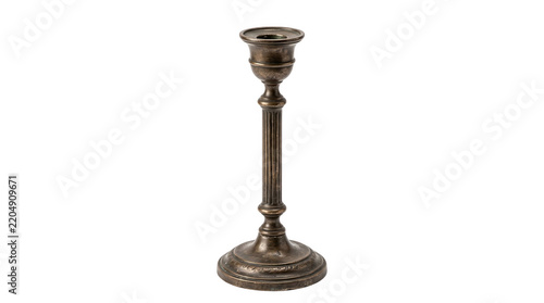 A tall vintage bronze candlestick holder with an elegant decorative design shown as a single isolated object on a transparent background isolated on transparent background