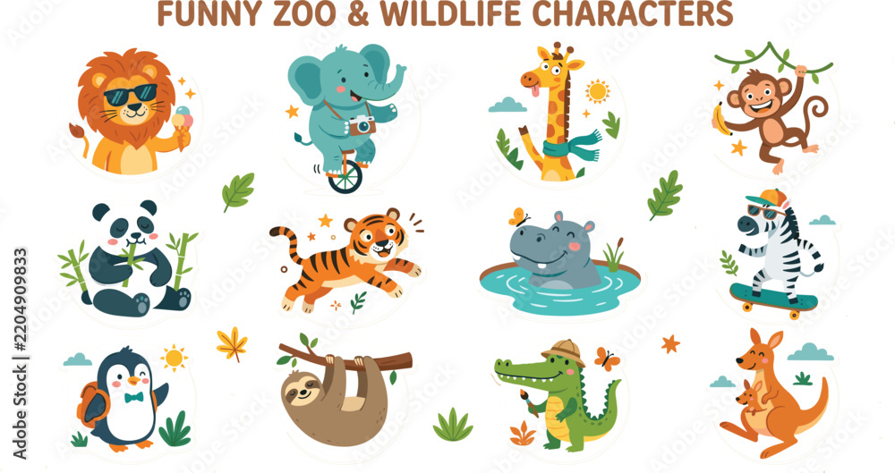 Fototapeta premium Funny Zoo and Wild Animals Cartoon Character Vector Set with Lion Elephant Giraffe Monkey Tiger Sloth and Alligator for Kids Birthday Cards and School Graphic Designs