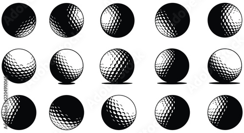 Golf balls with varying shading and highlights are displayed on a white background