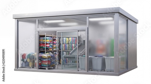 Modular Glass Storage Room with Inventory Shelves and Industrial Bins.