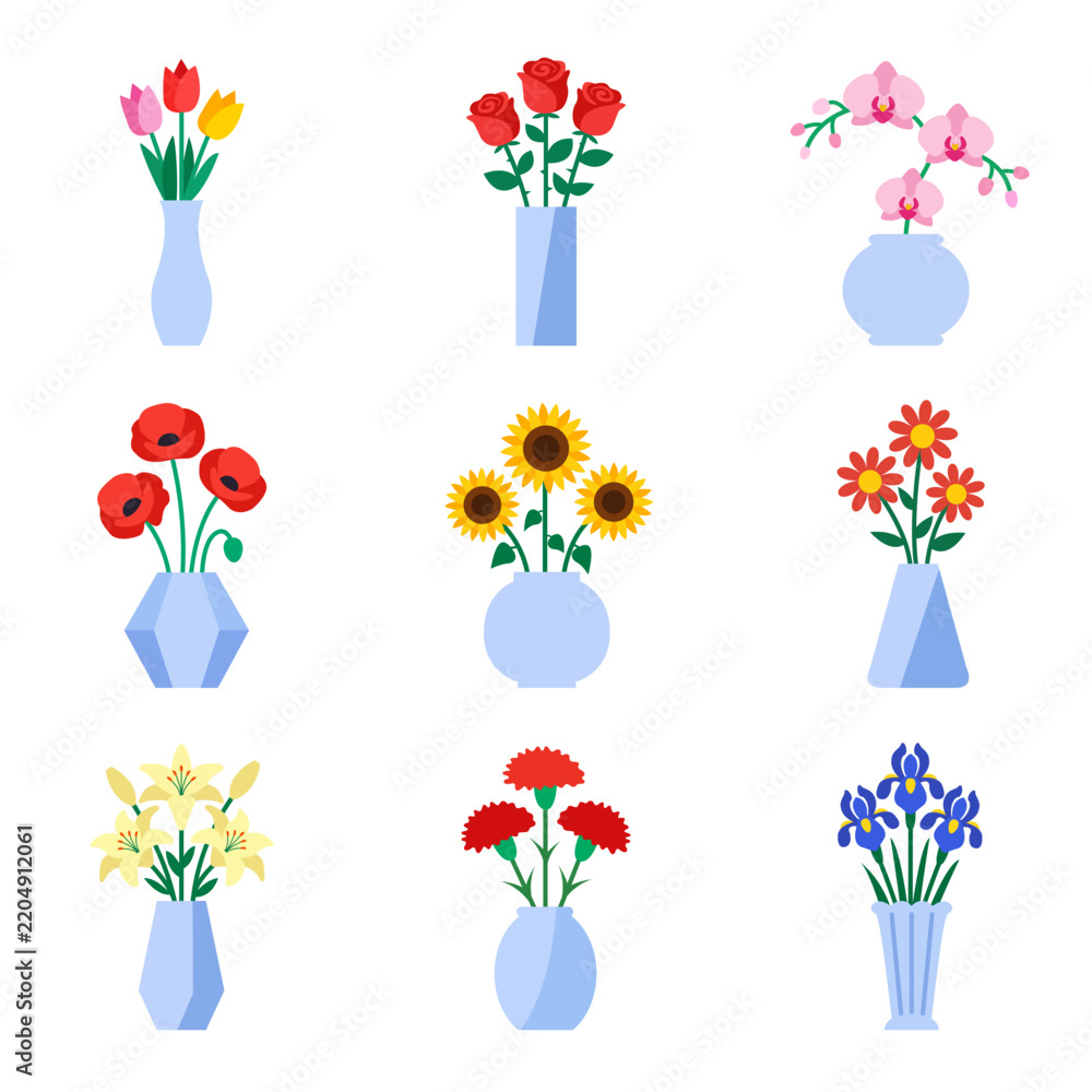 Fototapeta premium Beautiful flower bouquet in vase icon set. Rose, tulip, sunflower, orchid, daisy and lily blooming plants collection for greeting card template. Flat design. Isolated. White background. Vector