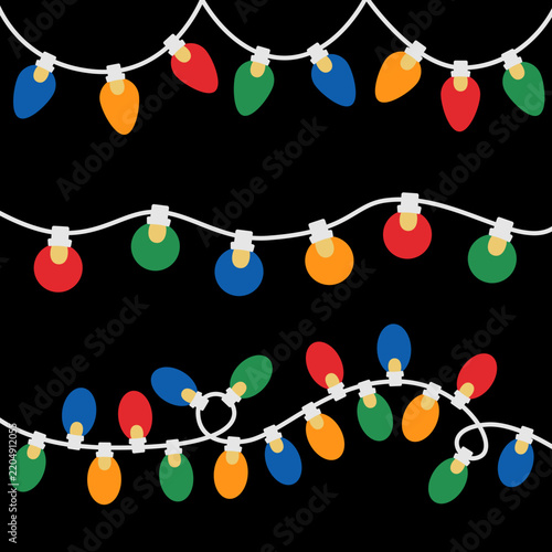 Colorful glowing lightbulbs set. Christmas lights garland strings collection for winter holiday celebration, party decoration, banner, border. Flat design. Isolated. Black background. Vector