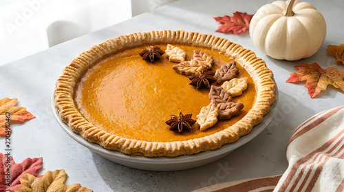 A freshly baked pumpkin pie garnished with star anise and pastry leaves on a table with autumn leaves