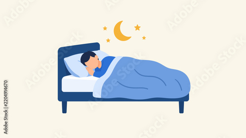 Vector illustration of a young man sleeping peacefully in bed under a cozy blue blanket at night with moon and stars