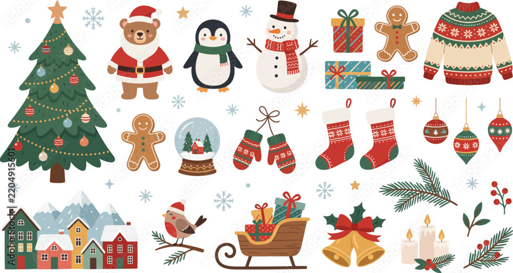 Fototapeta premium Festive christmas illustrations with trees gifts and winter scenes on white background