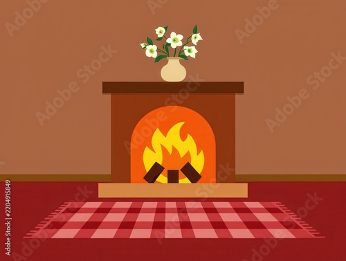 Cozy Living Room Interior With Burning Fireplace and Plaid rug