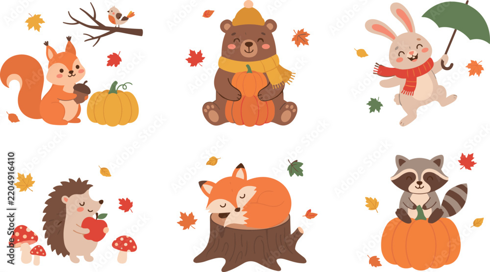 Obraz premium Adorable fall season forest wildlife illustration collection with friendly baby animals celebrating thanksgiving, wearing warm scarves, holding pumpkins isolated on white.