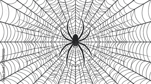 Black spider silhouette on intricate cobweb background, creepy spiderweb vector, spooky halloween arachnid illustration