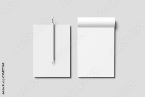 Blank notebook mockup with a white pencil on a gray background 3d rendered