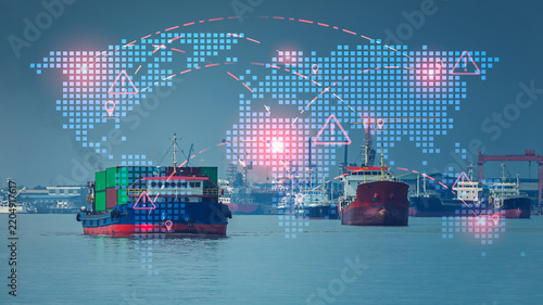 Cargo ship navigates ocean freight waters representing global distribution risk with tense atmosphere of international supply chain logistics