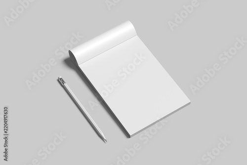 Blank notebook mockup with a white pencil on a gray background 3d rendered