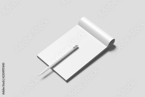 Blank notebook mockup with a white pencil on a gray background 3d rendered