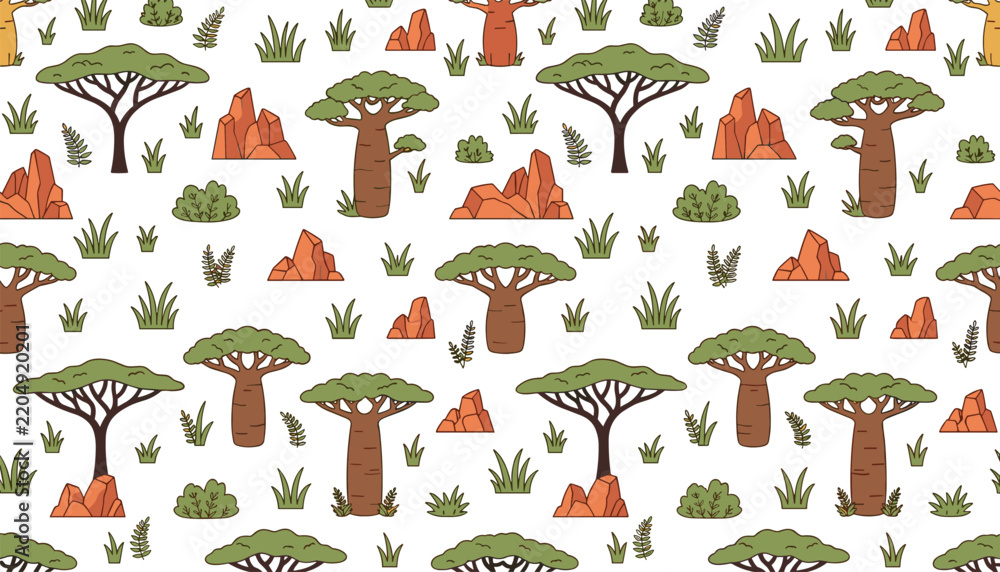 Obraz premium African savanna seamless pattern vector illustration featuring flat baobab trees acacia canopy desert rocks and green grass bushes backdrop