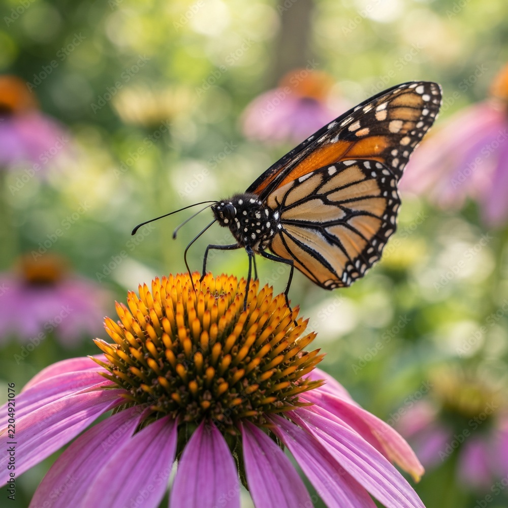 Obraz premium Monarch butterfly feeding on nectar from a bright purple coneflower in a sunny garden 